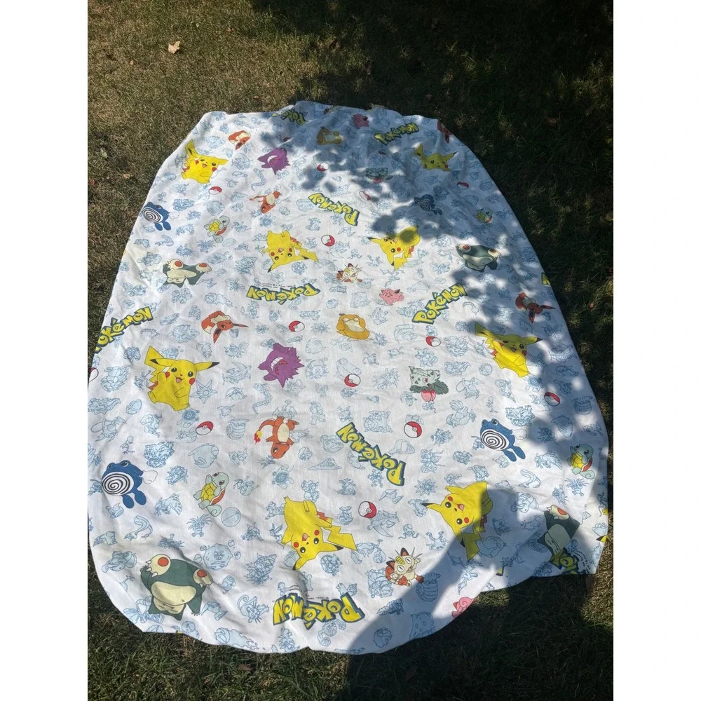 Vintage 1998 Pokemon Flat Sheet Pikachu Gengar Eevee AOP Retro 90s Bedding White